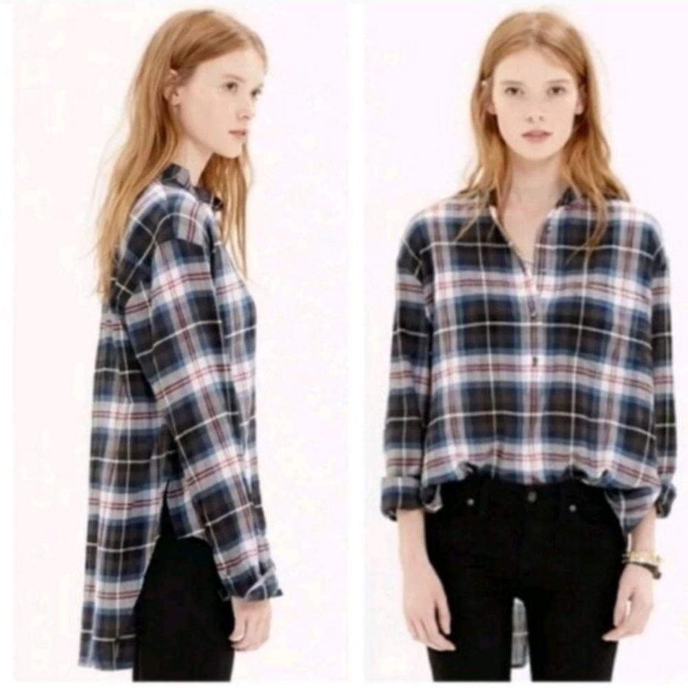 Madewell navy Wheaton plaid popover half button smock neck top xs